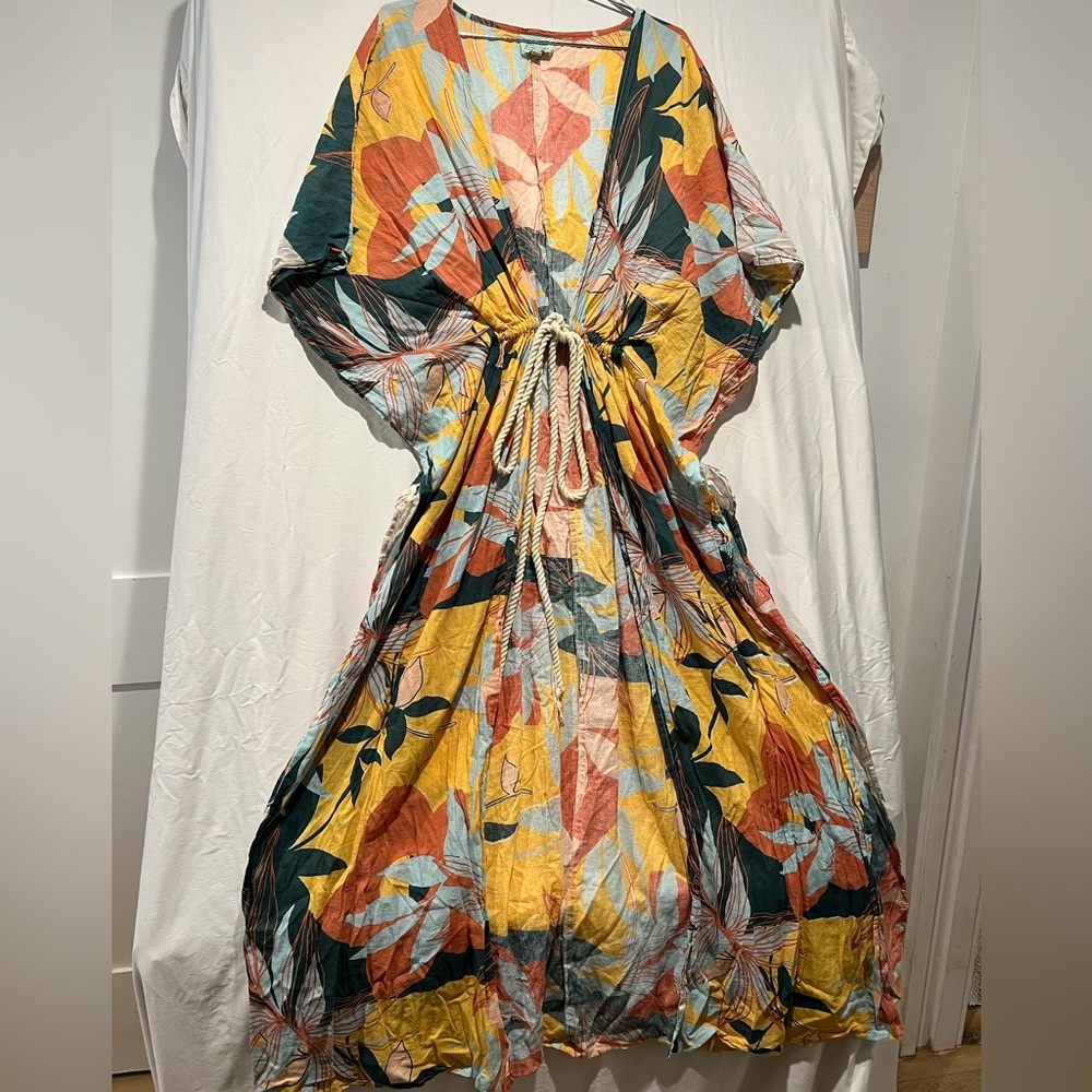True Destinations Floral Boho Caftan Dress Multicolor Adjustable Drawstring M